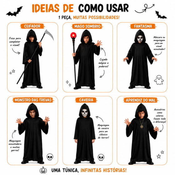 Túnica Preta Infantil com Capuz para Halloween