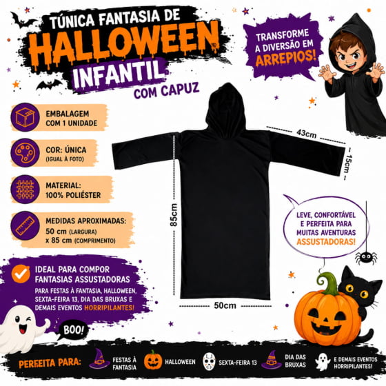 Túnica Preta Infantil com Capuz para Halloween