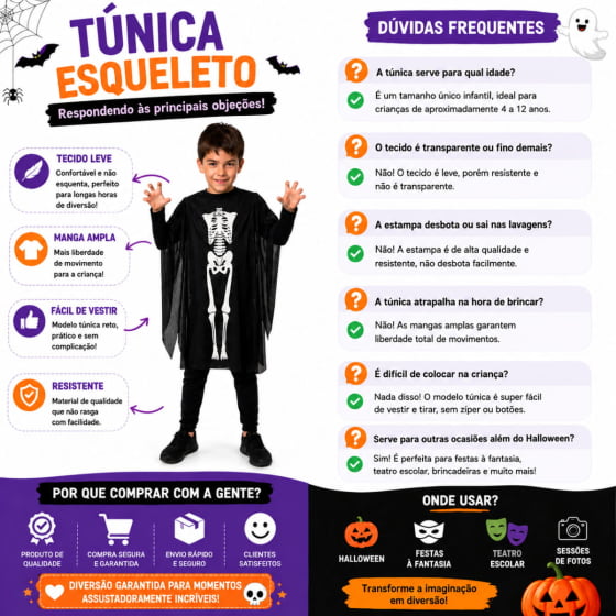 Túnica Infantil Esqueleto Caveira Halloween 