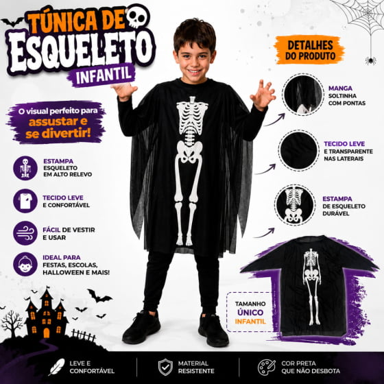 Túnica Infantil Esqueleto Caveira Halloween 