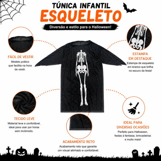 Túnica Infantil Esqueleto Caveira Halloween 