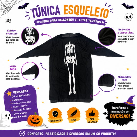 Túnica Infantil Esqueleto Caveira Halloween 