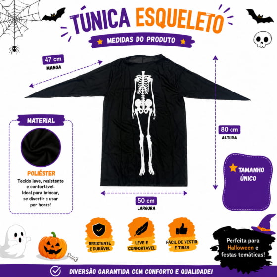 Túnica Infantil Esqueleto Caveira Halloween 
