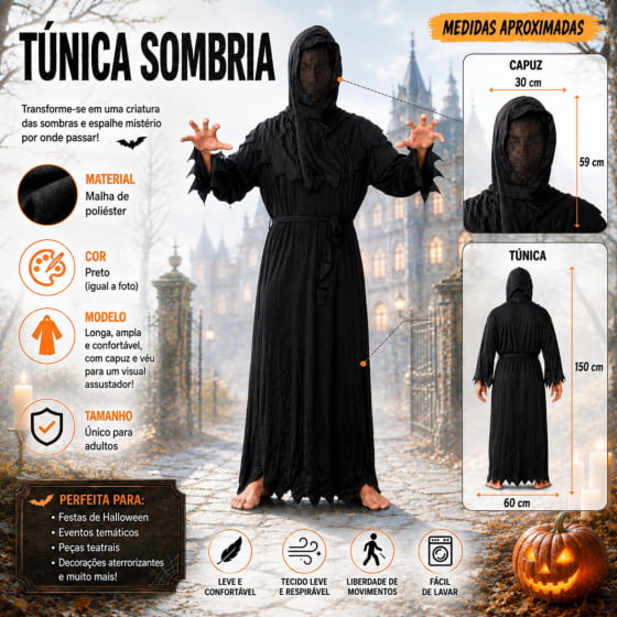 Túnica Preta com Capuz Adulto para Halloween