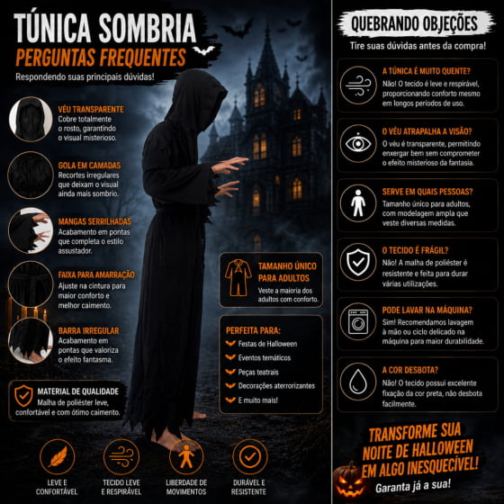 Túnica Preta com Capuz Adulto para Halloween