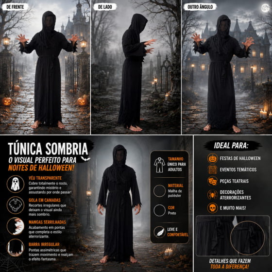 Túnica Preta com Capuz Adulto para Halloween