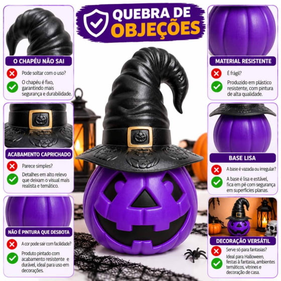 Abóbora Bruxinha com Chapéu Decoração de Halloween Escolha a Cor