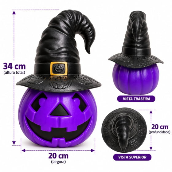 Abóbora Bruxinha com Chapéu Decoração de Halloween Escolha a Cor