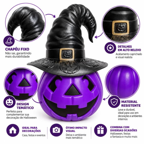 Abóbora Bruxinha com Chapéu Decoração de Halloween Escolha a Cor