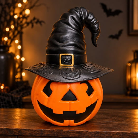 Abóbora Bruxinha com Chapéu Decoração de Halloween Escolha a Cor