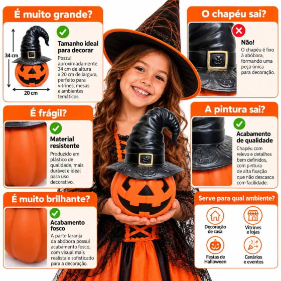 Abóbora Bruxinha com Chapéu Decoração de Halloween Escolha a Cor