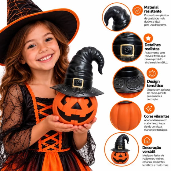 Abóbora Bruxinha com Chapéu Decoração de Halloween Escolha a Cor