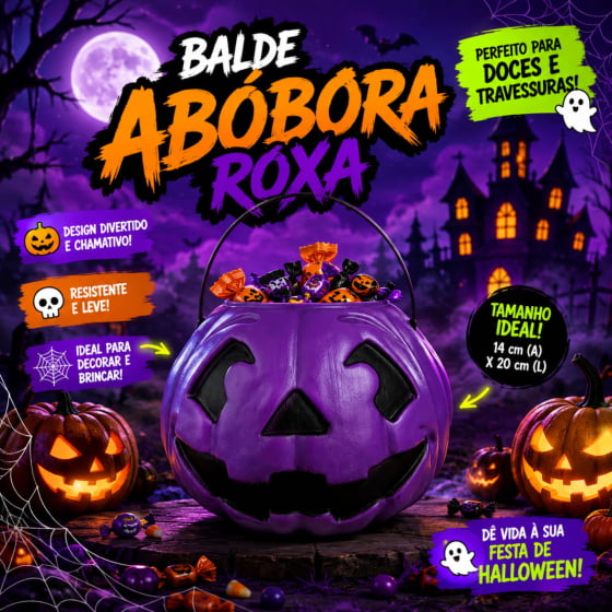 Kit 3 Baldes de Abóbora Roxa para Halloween