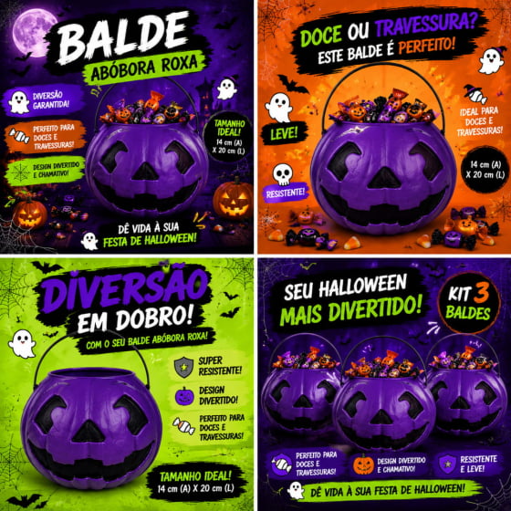 Kit 3 Baldes de Abóbora Roxa para Halloween
