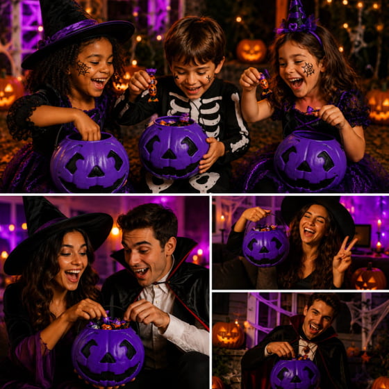 Kit 3 Baldes de Abóbora Roxa para Halloween