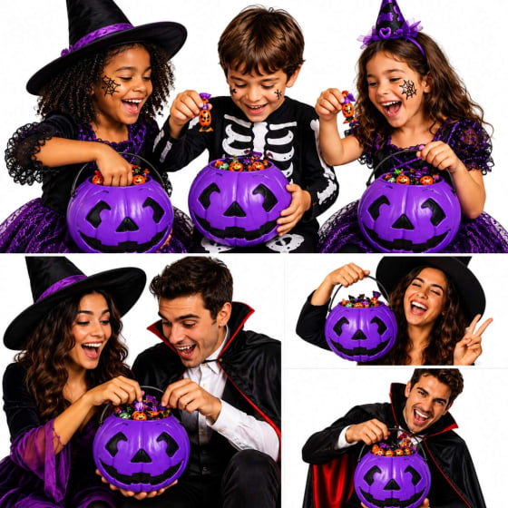 Kit 3 Baldes de Abóbora Roxa para Halloween
