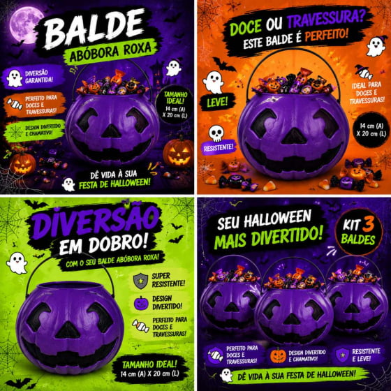 Balde Decorativo Abóbora Grande Roxo Halloween