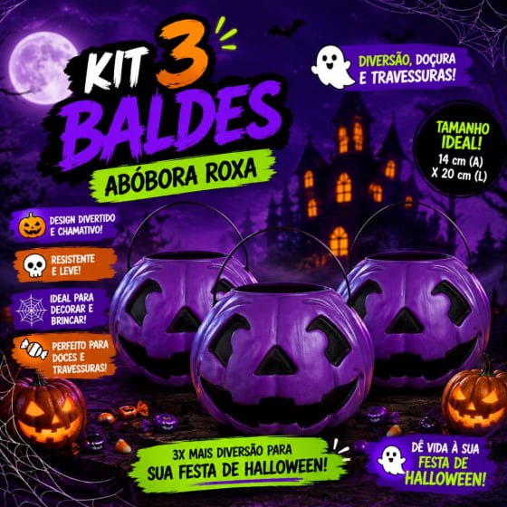 Balde Decorativo Abóbora Grande Roxo Halloween