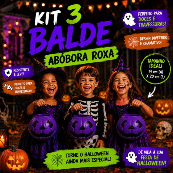 Balde Decorativo Abóbora Grande Roxo Halloween