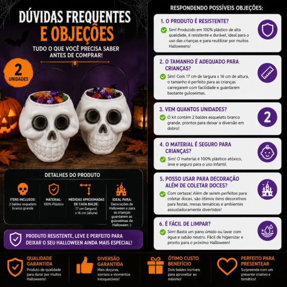 Kit 2 Baldes Caveira para Doces e Halloween