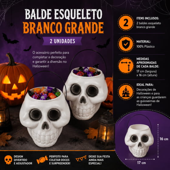 Balde Esqueleto Caveira Grande Decoração Halloween Kit com 2