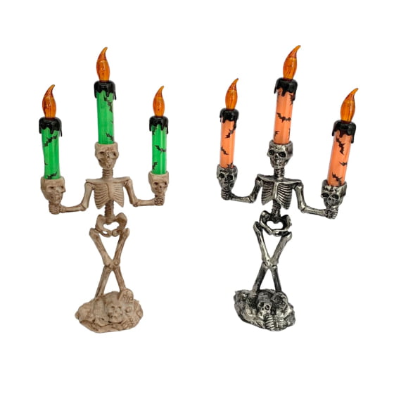 Castiçal Decorativo Esqueleto Morte Halloween com LED