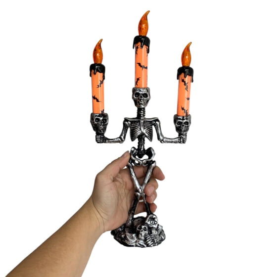 Castiçal Decorativo Esqueleto Morte Halloween com LED