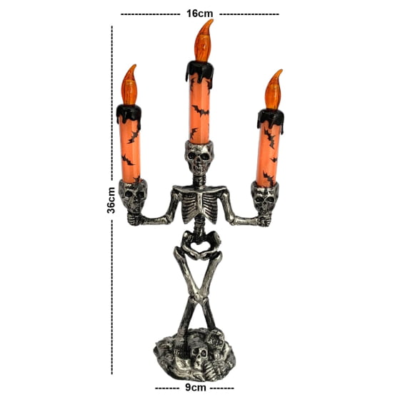 Castiçal Decorativo Esqueleto Morte Halloween com LED