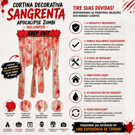 Cortina Decorativa Sangrenta Apocalipse Zumbi Halloween
