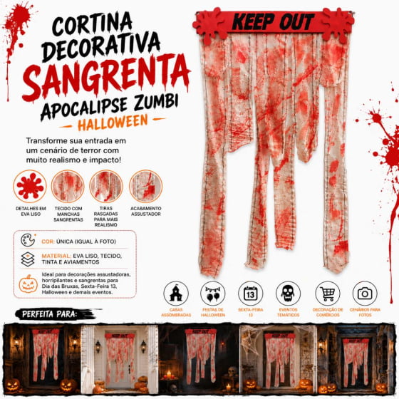 Cortina Decorativa Sangrenta Apocalipse Zumbi Halloween