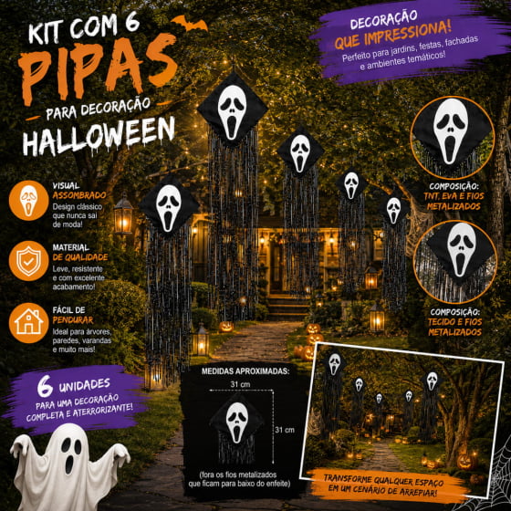 Decoração De Halloween Pipa Fantasma Pânico Kit C/ 6 Decoração De Halloween Pipa Fantasma Pânico Kit C/ 6