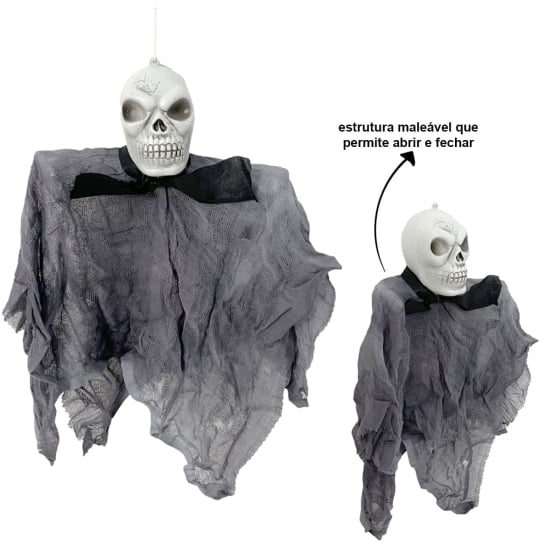 Enfeite Cabeça de Esqueleto Cachecol Decoração de Halloween