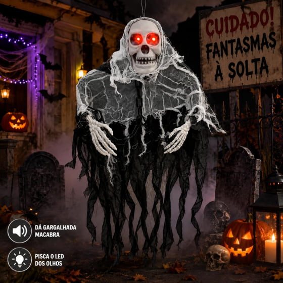 Fantasma Caveira com LED e Sensor para Halloween