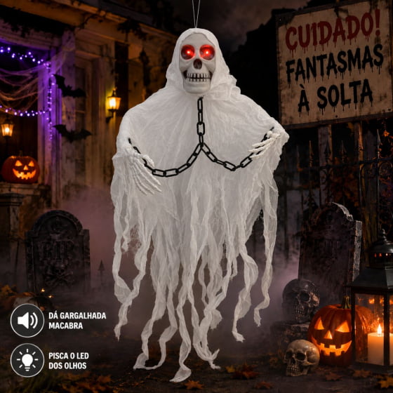 Fantasma Caveira com LED e Sensor para Halloween