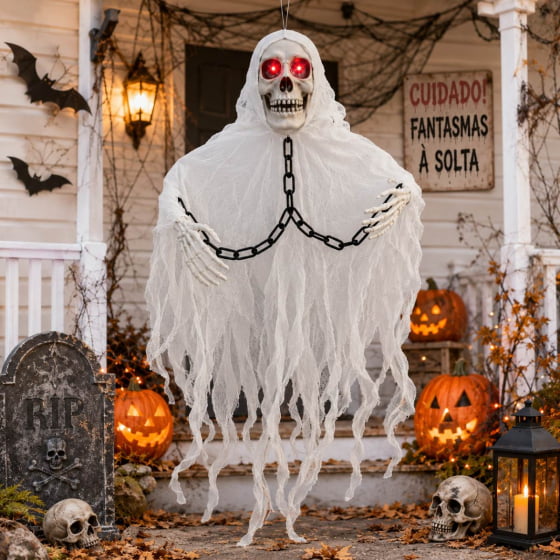 Fantasma Caveira com LED e Sensor para Halloween