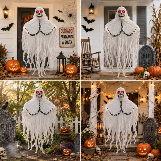 Fantasma Caveira com LED e Sensor para Halloween