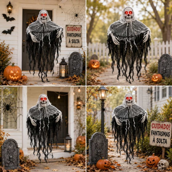Fantasma Caveira com LED e Sensor para Halloween