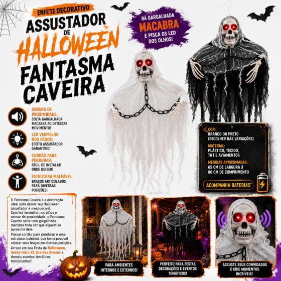 Enfeite Decorativo Assustador de Halloween Fantasma Caveira