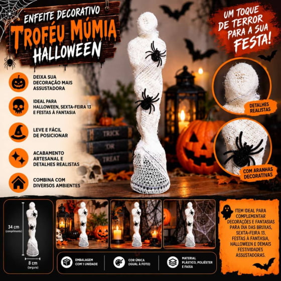 Enfeite Decorativo Troféu Múmia Halloween 34 cm