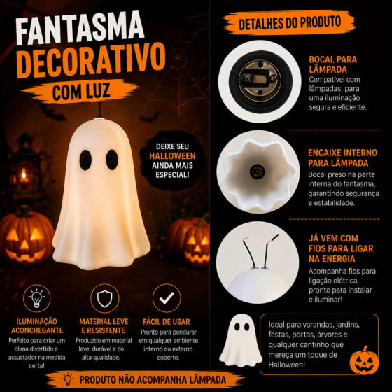 Fantasma Boo Plástico Branco com Soquete Decoração de Halloween Fantasma Boo Plástico Branco com Soquete Decoração de Halloween