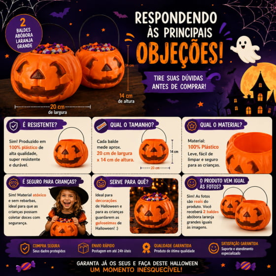 Kit 2 Baldes de Abóbora Laranja para Halloween