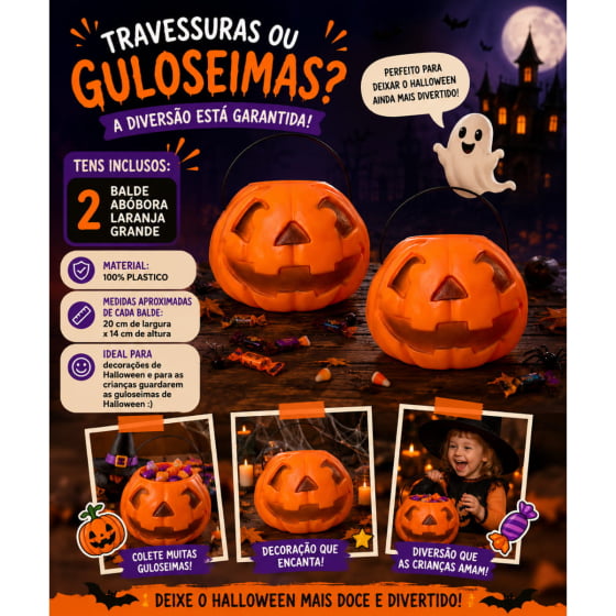 Kit 2 Baldes de Abóbora Laranja para Halloween
