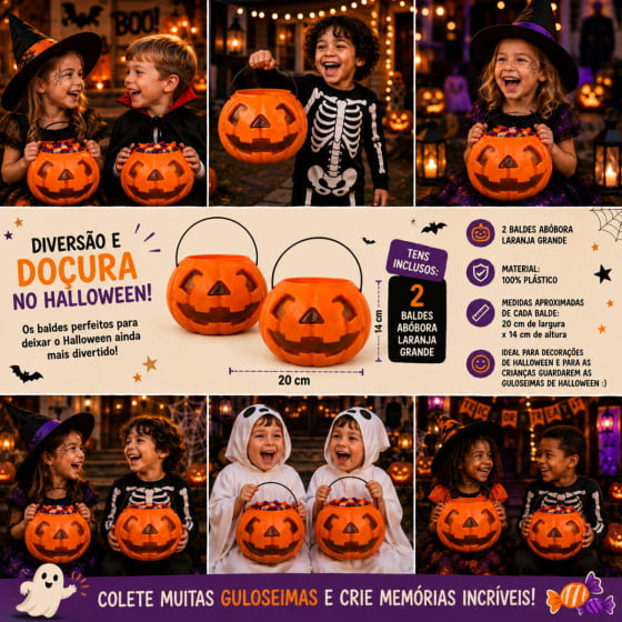 Kit 2 Baldes de Abóbora Grande Laranja Decoração Halloween Kit 2 Baldes de Abóbora Grande Laranja Decoração Halloween