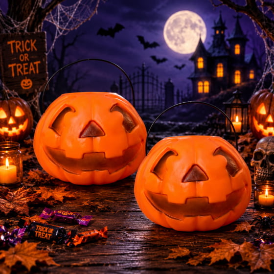 Kit 2 Baldes de Abóbora Laranja para Halloween