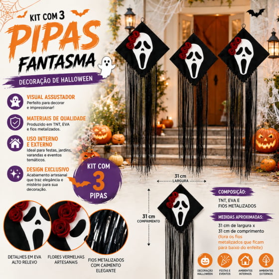 Kit 3 Fantasma Pânico Menina Decoração de Halloween Kit 3 Fantasma Pânico Menina Decoração de Halloween