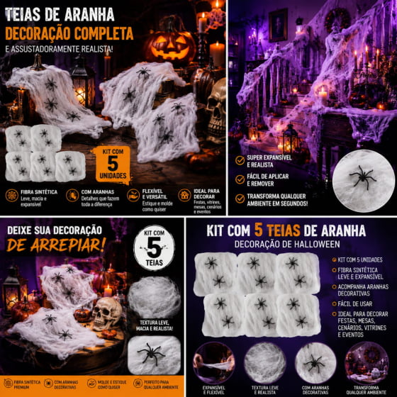 Kit 5 Teias de Aranha para Decoração de Halloween
