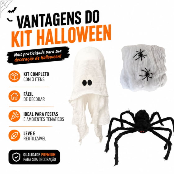 Kit Decoração de Halloween Aranha + Teia de Aranha + Fantasma