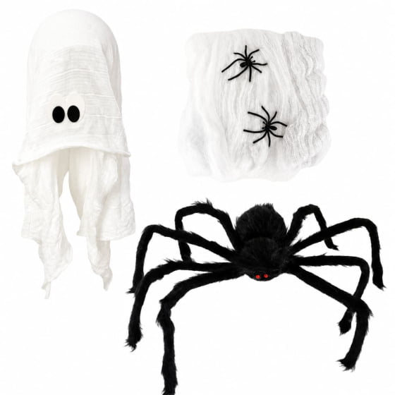 Kit Decoração de Halloween Aranha + Teia de Aranha + Fantasma