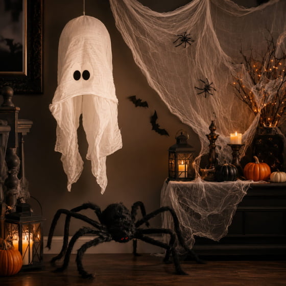 Kit Decoração de Halloween Aranha + Teia de Aranha + Fantasma Kit Decoração de Halloween Aranha + Teia de Aranha + Fantasma