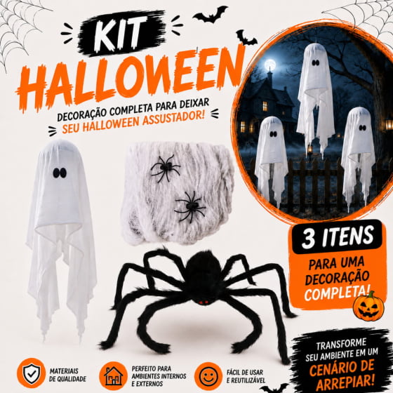 Kit Decoração de Halloween Aranha + Teia de Aranha + Fantasma Kit Decoração de Halloween Aranha + Teia de Aranha + Fantasma